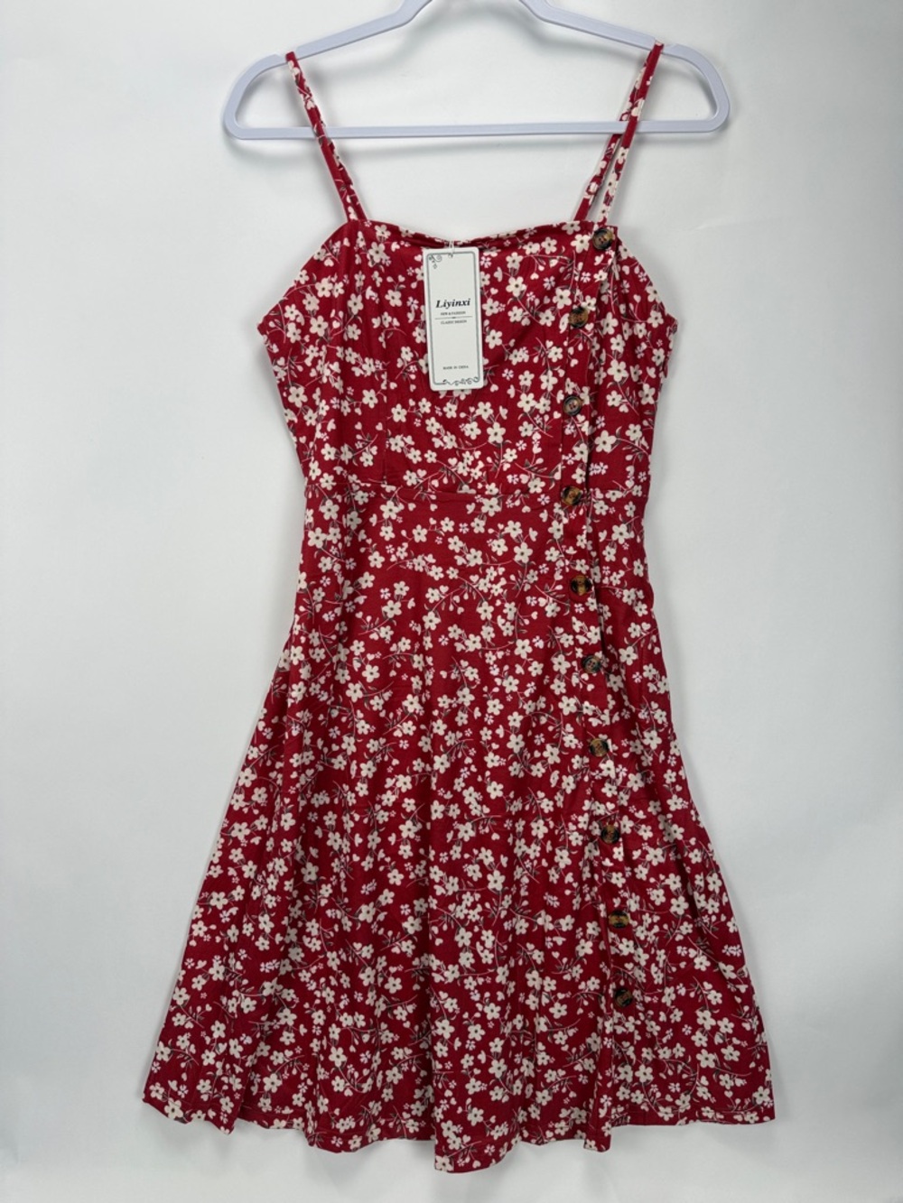 Liyinxi Red and Cream Floral Spaghetti Strap Dress Medium NWT